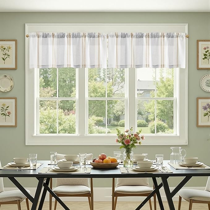 jinchan Striped Valance Farmhouse Window Treatment Linen Textured Drapes for Small Windows Kitchen Living Room RV Vintage Valance 16 Inch Rod Pocket 1 Panel Taupe and Grey