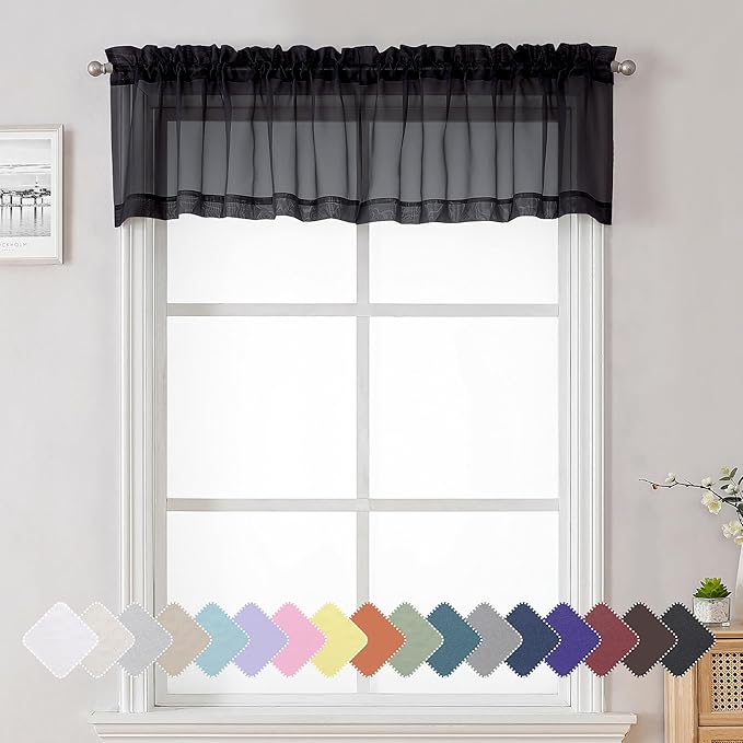 Lecloud Black Sheer Valance for Windows 14 Inch Length 2 Pieces, Light Reducing Voile Short Curtains for Living Room Bedroom, Dual Rod Pocket Window Small Valances for Kitchen Bathroom, 40" W x 14" L