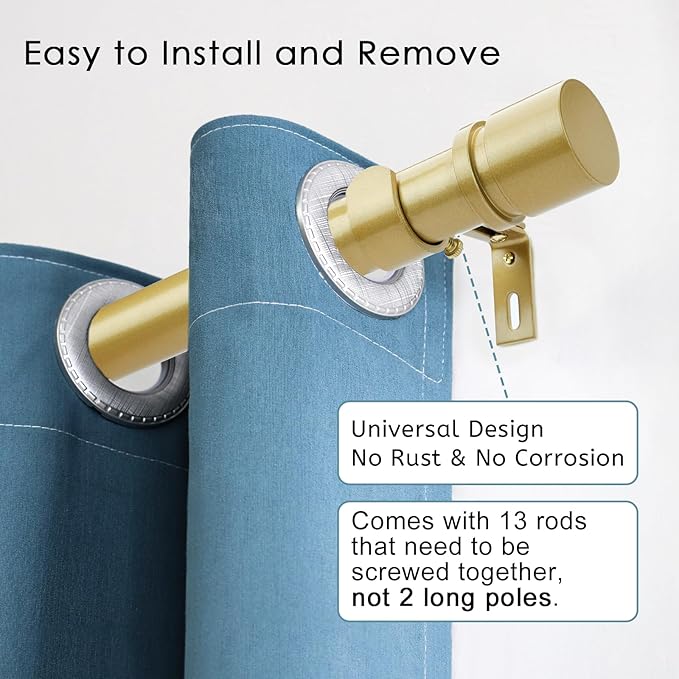 Byondeth Curtain Rods for Windows 16 to 200 Inches Adjustable Length 1 Inch Diameter Window Curtain Rod with Aluminium Finials, Flash Gold