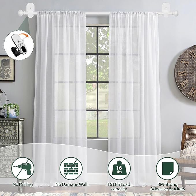 KAMANINA White Curtain Rod No Drilling 32 to 58 Inches, 5/8 Inch Adjustable Curtain Rods for Windows with 3M Adhesive Brackets without Drilling