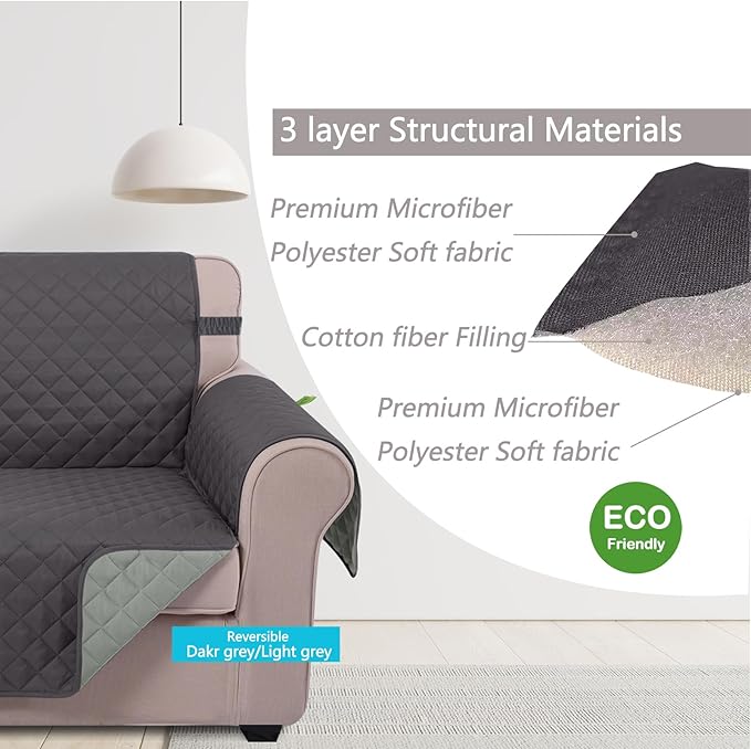 U-NICE HOME Reversible Oversized Chair Covers Quilted Water Repellent Pet Protectors with Elastic Straps(28''Armchair, Dark Grey/Light Grey)