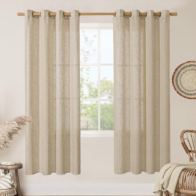 LAMIT 78 Inch Length Brown Linen Curtains for Living Room, Semi Sheer Light Filtering Boho Panels Bronze Grommet Burlap Window Drapes for Bedroom/Farmhouse, Set of 2, 52 x 78 Inch