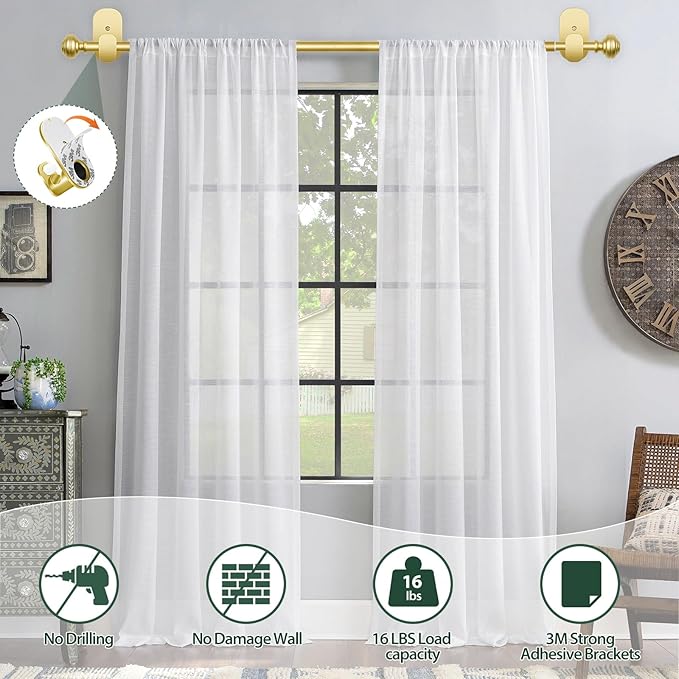 KAMANINA Curtain Rods No Drilling for Windows 32 to 58 Inches, 5/8 Inch Diameter Adjustable Single Drapery Pole with Adhesive Brackets, Gold
