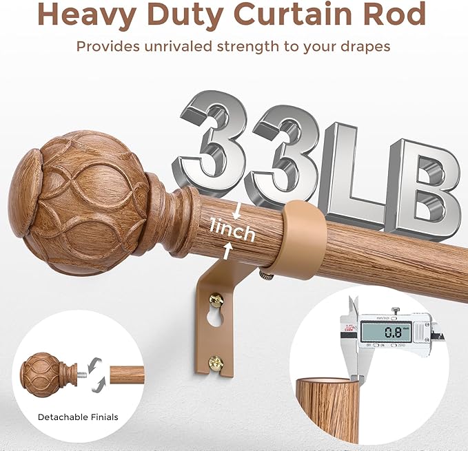 Wood Curtain Rods for Windows 48 to 84 Inch, Boho Vintage Decorative 1 Inch Wooden Curtain Rod, Adjustable Heavy Duty Rustic Farmhouse Drapery Pole with Netted Imitation Wood Grain Finials