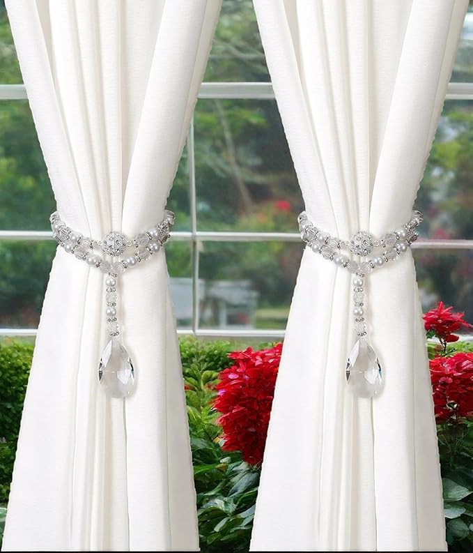 SUQ I OME 1 Pair of Luxury Pearl Beaded Magnetic Curtain Tieback and Holdback Curtain Clips Curtain Buckle Curtain Holder Blingbling Curtain Holdbacks for Drapes (Crystal Mixed Pearl)