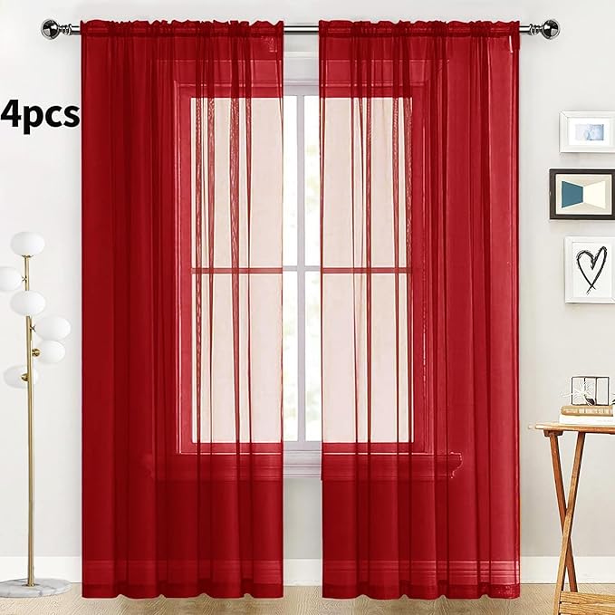 SpaceDresser Christmas Red Sheer Curtains 4 Panels Rod Pocket Semi-Sheer Curtain 45 Inches Long Light Filtering Voile Window Drapes for Bedroom Living Room Kitchen, Each 52W x 45L