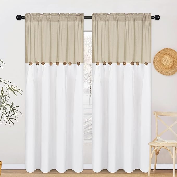 FRAMICS Farmhouse Cotton Linen Curtains for Living Room, Boho Button Curtains 84 Inch Length 2 Panels, Rustic Country Linen Window Curtain for Bedroom Rod Pocket Drapes, 52 x 84 Inch, Linen and White