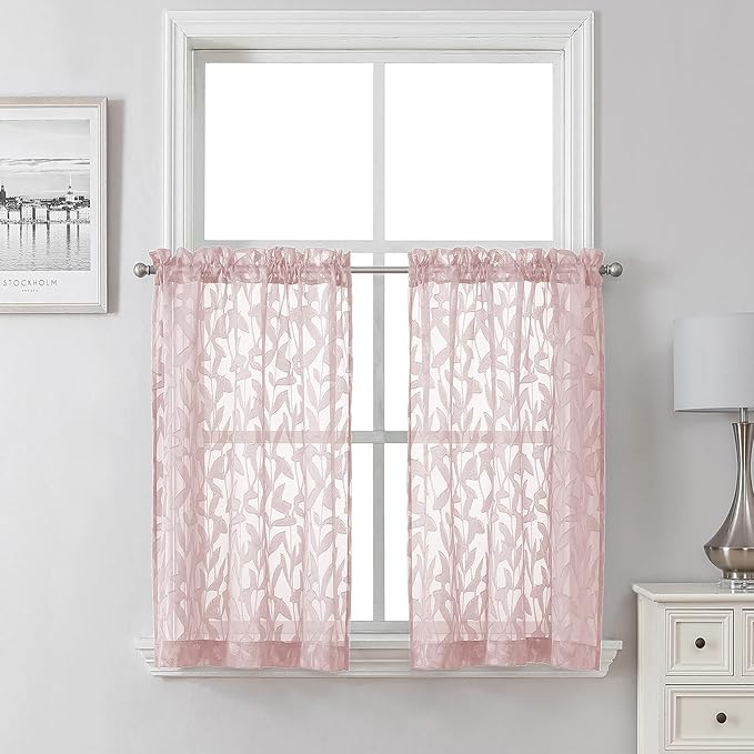 Lecloud Leia Blush Pink Sheer Curtains 36 Inch Length 2 Panels, Jacquard Leaf Textured Voile Short Curtains, Dual Rod Pocket Semi Sheer Tiers for Kitchen Bathroom Bedroom Living Room, 28" W x 36" L