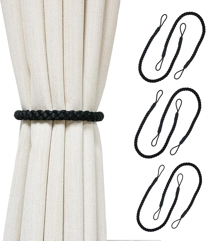 Curtain Tiebacks Ropes, 6pcs Decorative Handmade Tie Backs Curtain Holdbacks Holders Cord for Window Sheer Drapes Indoor Outdoor, Black