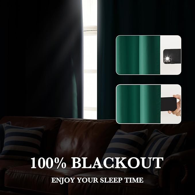 RYB HOME Bedroom Blackout Curtains 54 inches Long, 100% Blackout Thermal Insulated Noise Reducing Curtains for Living Room Nursury, 42 inches Wide by 54 inches Long, Dark Green