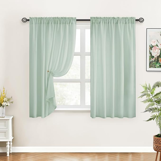 HOMEIDEAS Non-See-Through Sage Green Privacy Sheer Curtains, 52 X 54 Inches Long 2 Panels Sheer Curtains Light Filtering Window Drapes for Bedroom Living Room