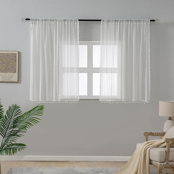 WAZZIO Boho Lace Curtains 45 Inches 2 Panel,Light Filtering Privacy Tassel & Geometry Crochet Semi Sheer Curtain Drapes for Bedroom Living Dining Room,Rod Pocket & Tassel,Victorian Decor,Off White