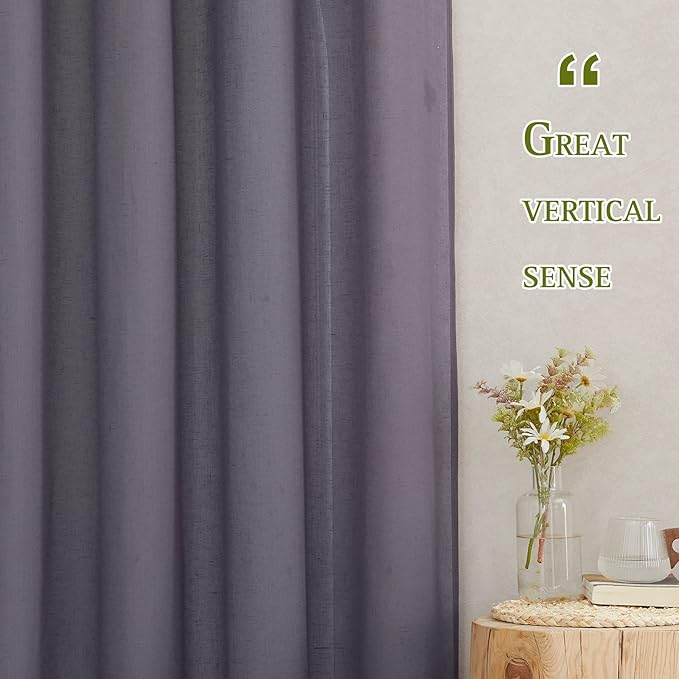 NICETOWN Faux Flax Linen Sheer Living Room Curtains, Grommet Elegant Semi Sheer Curtains Privacy Light Filtering Vertical Drapes for Kids Room/Daughter, W52 x L90, Purple Brown, 2 Panels