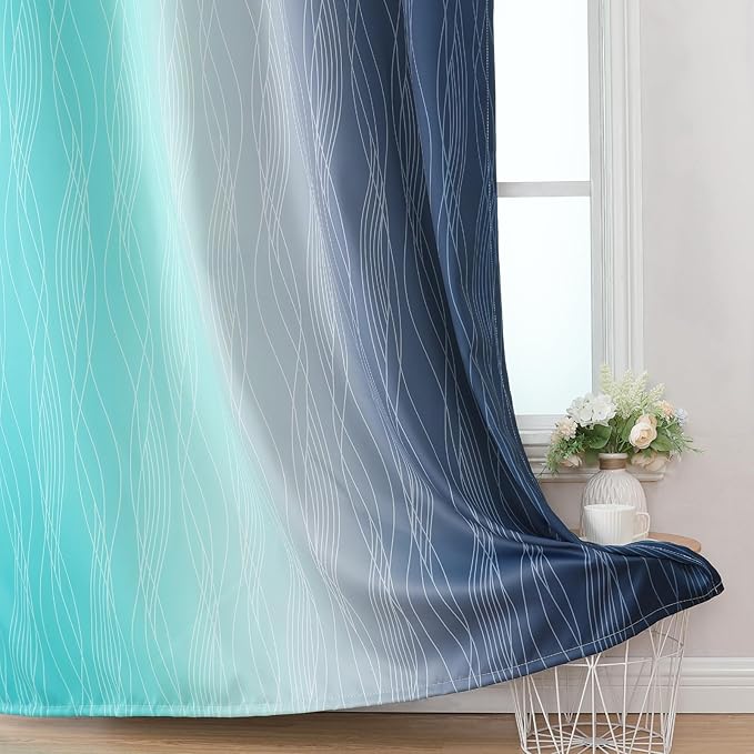 Estelar Textiler Navy Blue and Teal Blackout Curtains 54 Inch Length, Full Light Blocking Gradient Grommet Drapes for Living Room, Thermal Insulated Ombre Curtains for Bathroom,52Wx54L,2 Panels