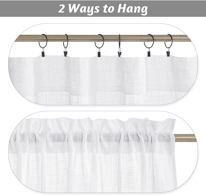 RYB HOME Linen Textured White Curtains Sheer Window Toppers Valances Semi-Sheer Drapes for Kitchen Bedroom Small Window Decor Cafe Curtains, Wide 52 x Long 18 inch per Panel, 1 Pair