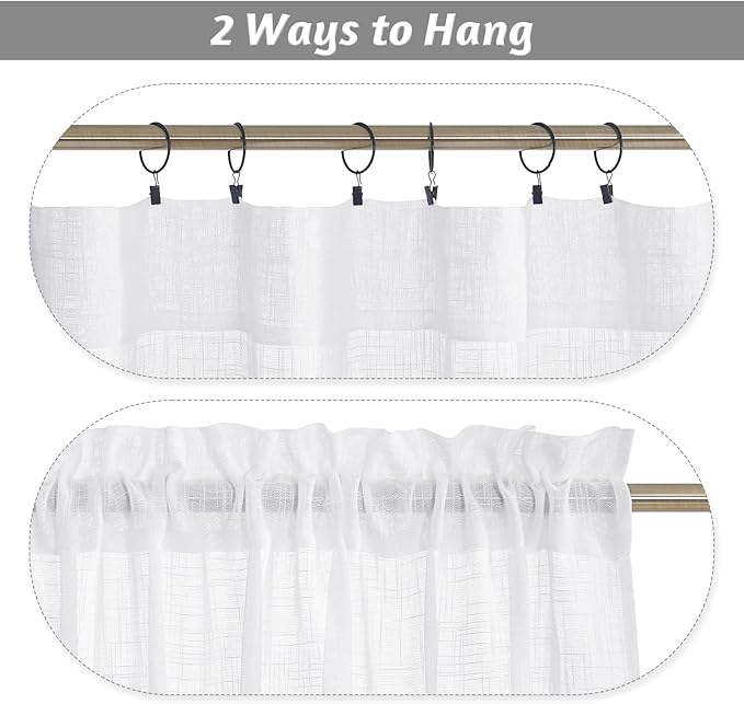 RYB HOME Cafe Curtains 24 inches Length, Linen Sheer Short Curtains for Small Window, Half Privacy Light Filetring Tier Valance for Kitchen Bathroom Window Over Sink, W 26 x L 24, White, 2 Panels Set