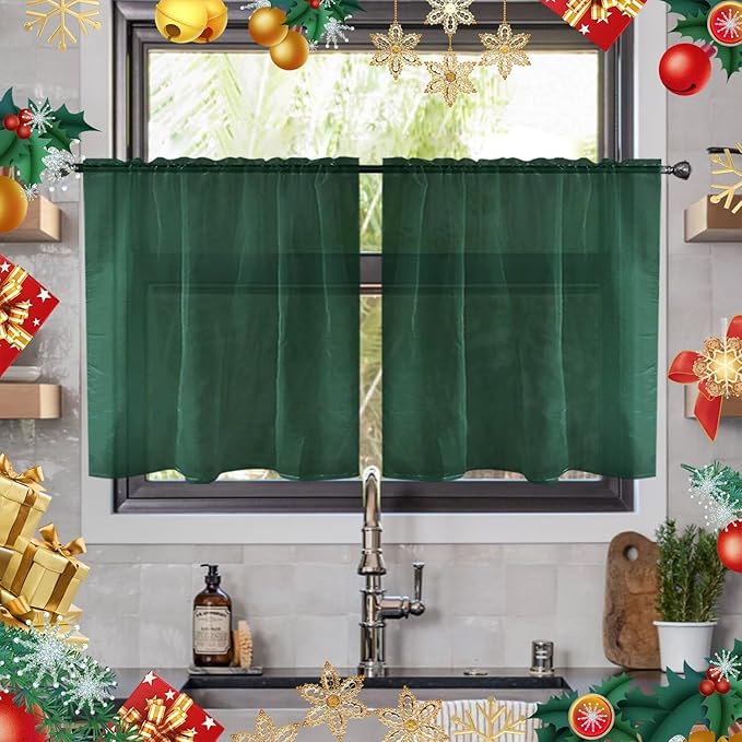 youleyar Solid Sheer Rod Pocket Curtain Voile Draperies 2 Panels White Beige Black Ivory Grey 26 Inch Width 30 Inch Long 1 Pair for Kitchen Bedroom Children Living Room Yard(Foliage Green,26W x 30L)