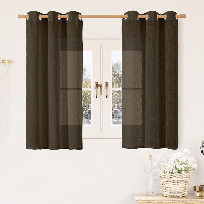 LAMIT Semi Sheer Linen Curtains 45 Inch Length, Linen Textured Light Filtering Panels Bronze Grommet Window Drapes for Small Windows/Kitchen/Bedroom, 2 Panels Set, Dark Brown, 34 x 45 Inch