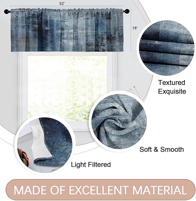 Emvency 4 Pack Valances Window Treatments, Blue Abstract Modern Art Blackout Drapes Adjustable Curtain for Windows Living Room Kitchen Over Sink, 52x18 Inch Rod Pocket Valances