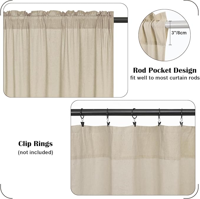 FRAMICS Farmhouse Valance Curtains, Boho Cotton Linen Kitchen Valance, Rustic Button Window Valances for Kitchen Bathroom Bedroom, Country Rod Pocket Valances for Windows, Linen Color, 52 x 18 Inch