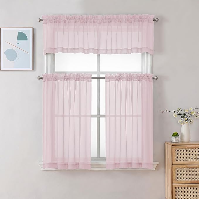 Gwine Blush Pink Valances for Windows, Small Light Filtering Rod Pocket Cafe Valance Curtains, Soft Sheer Curtain for Bathroom Laundry Basement, 42Wx14L inch, 2 Pieces