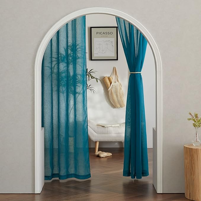 NICETOWN Semi Sheer Curtains Flax Linen Texture, (Peacock Green) Grommet Retro Linen Weave Window Drapes Privacy with Light Filtering for Living Room, 2 Panels, W52 x L96