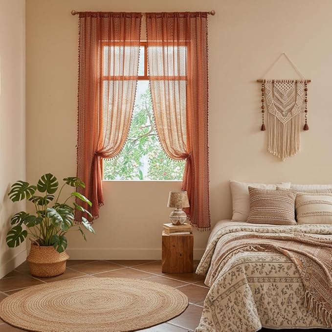WAZZIO Boho Lace Curtains 63 Inches 2 Panel,Light Filtering Privacy Tassel & Geometry Crochet Semi Sheer Curtain Drapes for Bedroom Living Dining Room,Rod Pocket & Tassel,Full Decor,Burnt Orange