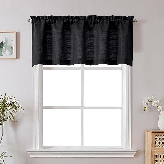 Chyhomenyc Black Short Curtain Valance for Windows, Faux Linen Textured Half Window Curtains, Burlap Solid Small Curtain for Bathroom Laundry Basement Valance, 60Wx22L Inch, 1 Piece