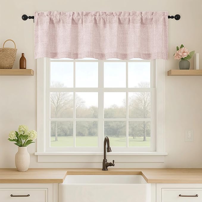 OVZME Blush Pink Valance for Windows, Light Filtering Faux Linen Textured Small Short Valance Kitchen Curtain, Rod Pocket Top Short Window Curtain for Bathroom Basement Farmhouse, 1 Piece, 60Wx14L