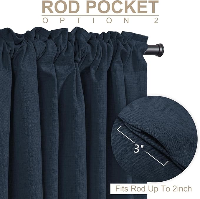 100% Blackout Shield Linen Blackout Curtains for Bedroom 84 Inches Long, Back Tab/Rod Pocket Living Room Drapes, Thermal Insulated Blackout Curtains 2 Panels Set, 50" W x 84" L, Navy