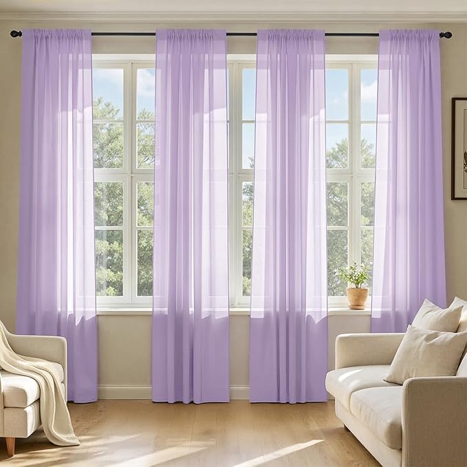 MIULEE Light Purple Sheer Curtains 108 Inches Long, 4 Panels Set, Lavender Light Filtering Rod Pocket Voile Drapes for Living Room and Bedroom, Airy Soft Fabric Window Treatments, 42 x 108 Inches