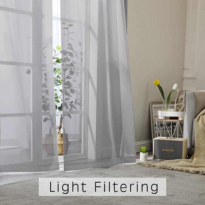 OWENIE Grey Sheer Curtains 24 Inches Long 2 Panels for Bathroom Window, Rod Pocket Light Filtering Sheer Tier Curtains for Small Kitchen Laundry Room, RV, Camper Travel Trailers, 42W x 24L, Gray