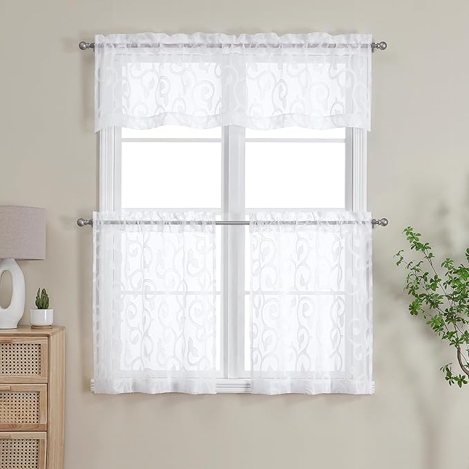 OWENIE Furman White Kitchen Curtains Tiers 36 inch Length, Light Filtering Soft Airy Clear Cafe Curtain for Living Room Bedroom Farmhouse Small Windows Half Curtains, 2 Pcs, Each 40Wx36L inch