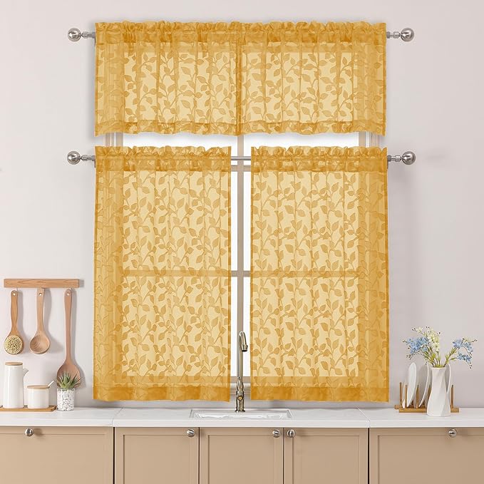 Chyhomenyc Gold Sheer Valances for Windows 14 Inch Length 2 Pcs, Light Filtering Leaf Textured Cafe Short Kitchen Curtains, Top Small Curtain for Living Room Bedroom Basement, 42" W x 14" L