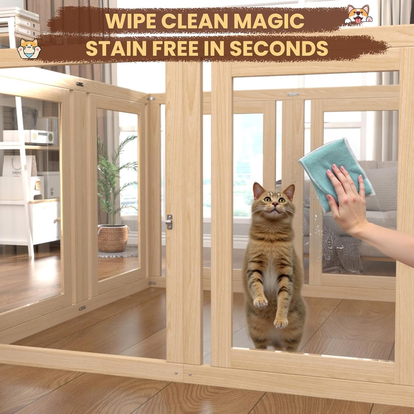 8 Panels Dog Playpen with Door, 23.6" H Pet Playpen Indoor, Clear Acrylic Puppy Playpens, Wooden Puppy Fence with Gate, Transparent Dog Pens, Pet Pen Indoor for Dogs, Cats, Rabbit, Small and Medium