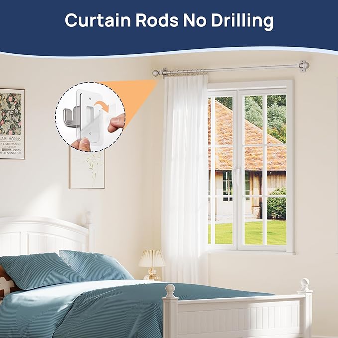 ENJOYBASICS No Drill Curtain Rods for Window 28 to 60 Inches, 5/8 Inch Diameter Renter Friendly Drapery Rod with Adhesive Brackets without Drilling, Adjustable from 27 to 65 Inches, Nickel