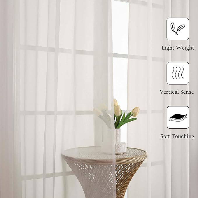 Lecloud Ivory Sheer Curtains 108 Inches Long 2 Panels, Solid Airy Voile Extra Wide Sheer Curtains, Farmhouse Elegant Light Filtering Window Curtain Drapes for Living Room Balcony, 59" W x 108" L