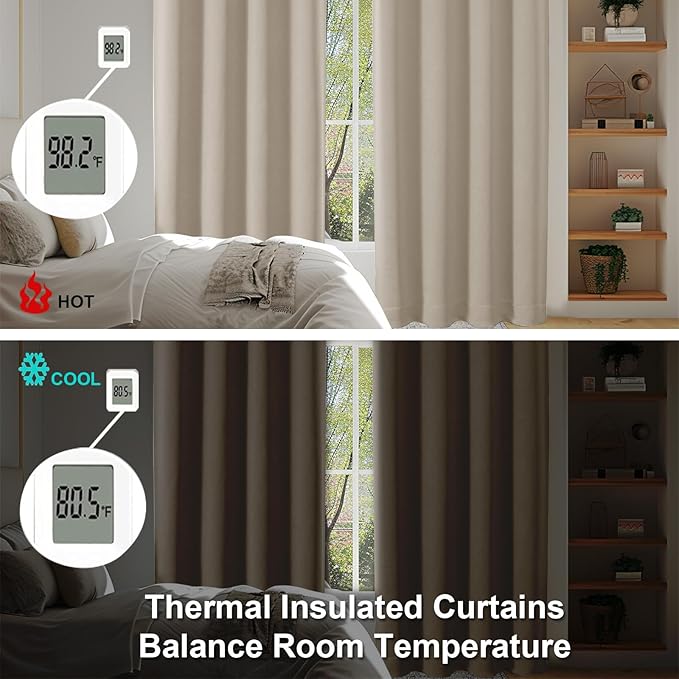 Simplebrand Ava Biscotti Beige Blackout Curtains for Bedroom 63 Inch Length 2 Panels Set, Solid Thermal Insulated Privacy Living Room Window Treatment Curtains Blackout Drapes, W50 x L63 Inch