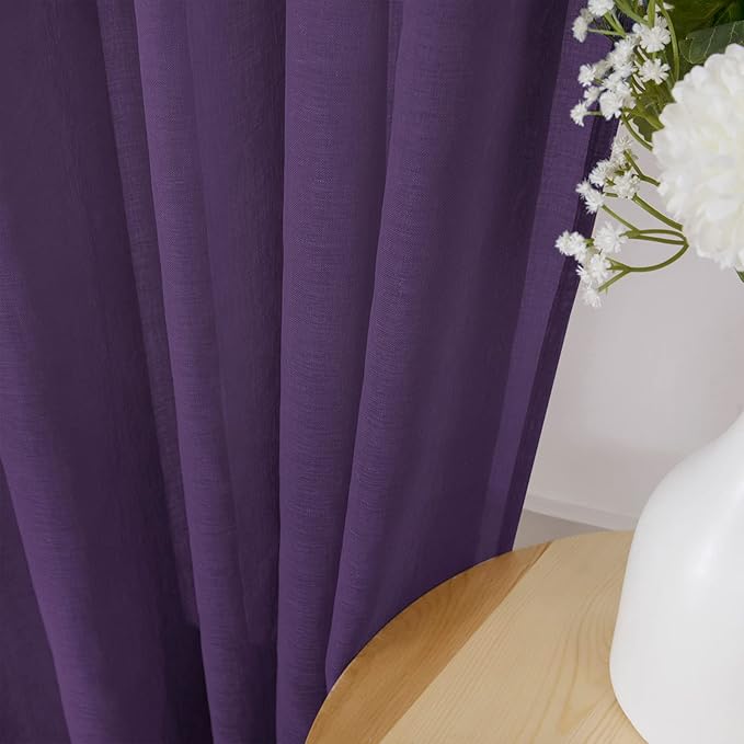 Tollpiz Sheer Tier Curtains Kitchen Linen Textured Half Curtain Sheers Light Filtering Rod Pocket Voile Bathroom Short Curtains for Farmhouse, 25 x 30 inches Long, Royal Purple, Set of 2 Panels