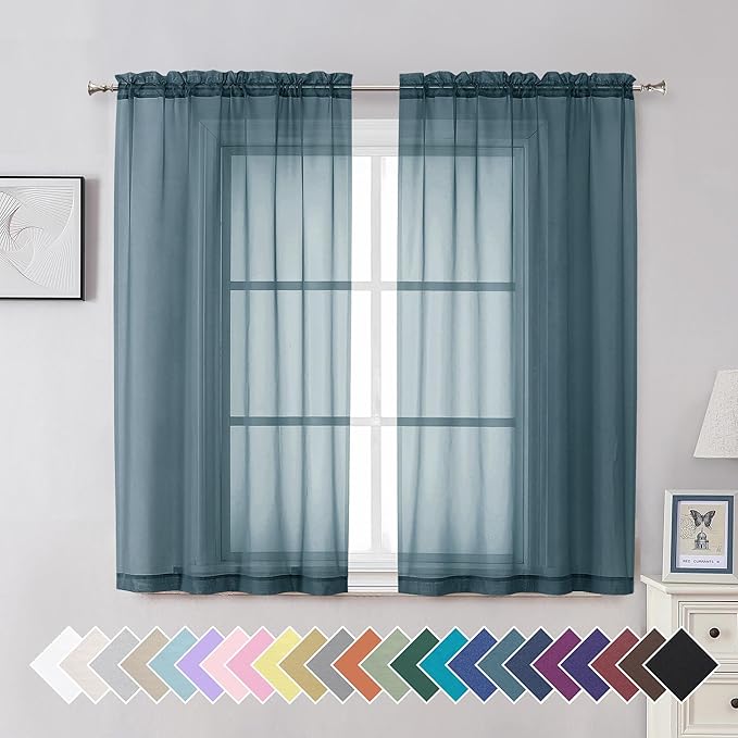 Aiyufeng Dusty Blue Sheer Curtains 54 Inch Length 2 Panels Set, Light Filtering Airy Rod Pocket Dusty Blue Window Curtain Treatment Drapes for Kitchen Bedroom Living, Each 42Wx54L Inches