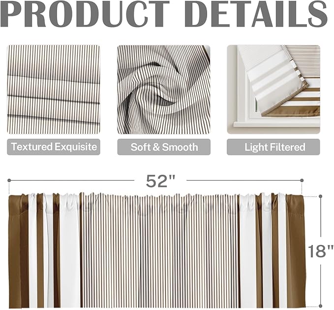 Emvency 2 Pack Valances Window Treatments, Striped Brown Minimalist Neutral Modern Drapes Adjustable Curtain for Windows Living Room Kitchen Over Sink, 52x18 Inch Rod Pocket Valances