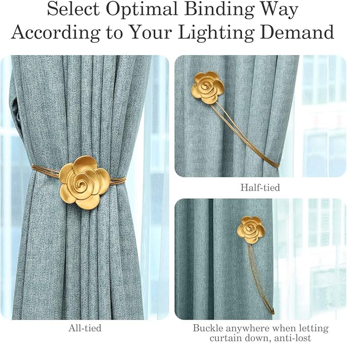Lewondr Magnetic Curtain Tiebacks, Vintage Curtain Holdbacks, Resin Flower Curtain Ties with Rope Drapery Retro Window Curtain Decorative Buckle Holder for Outdoor, Home Office, and Cafe Balcony, Gold