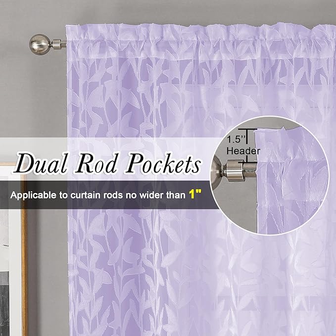 Lecloud Leia Light Purple Semi Sheer Curtains 45 Inch Length, Balance Light & Privacy Jacquard Textured Leaf Voile Curtains for Living Room, Dual Rod Pockets Bedroom Short Drapes, 38x45 Inches