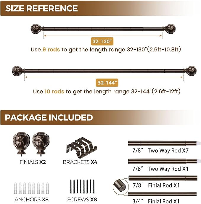 KAMANINA Curtain Rods for Windows 72 to 144 Inches (6-12ft) Long Heavy Duty Curtain Rod, 7/8 Inch Adjustable Decorative Drapery Rods with Netted Texture Finials, Bronze, Size: 32-144"