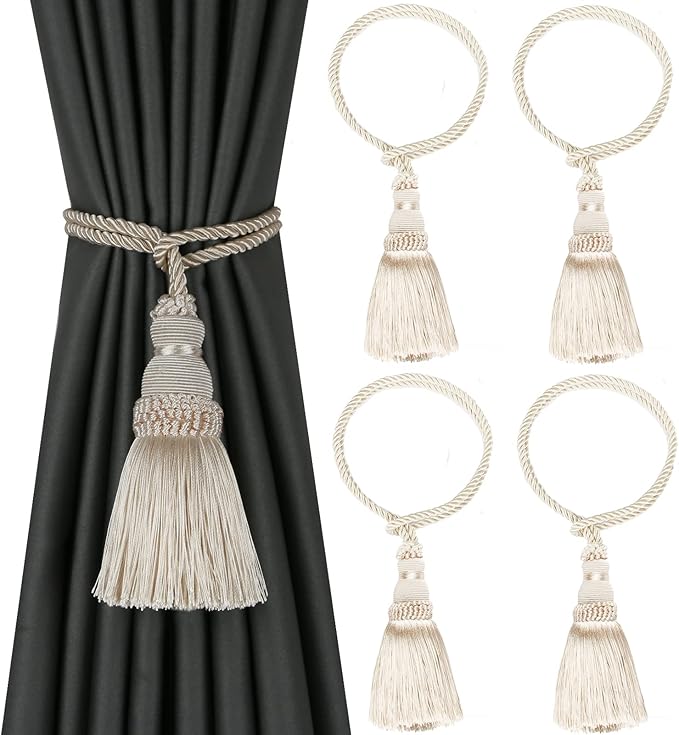 Fenghuangwu 4 Pack Curtain Tie Backs Rope Tassels for Curtains Drape tiebacks Handmade Outdoor Home and Outdoor Decorative (Beige, 4p)