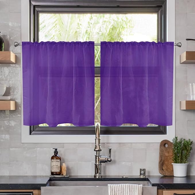 youleyar Solid Sheer Rod Pocket Curtain Voile Draperies 2 Panels White Beige Black Ivory Coffee 22 Inch Width 30 Inch Long 1 Pair for Kitchen Bedroom Children Living Room Yard(Purple,22W x 30L)