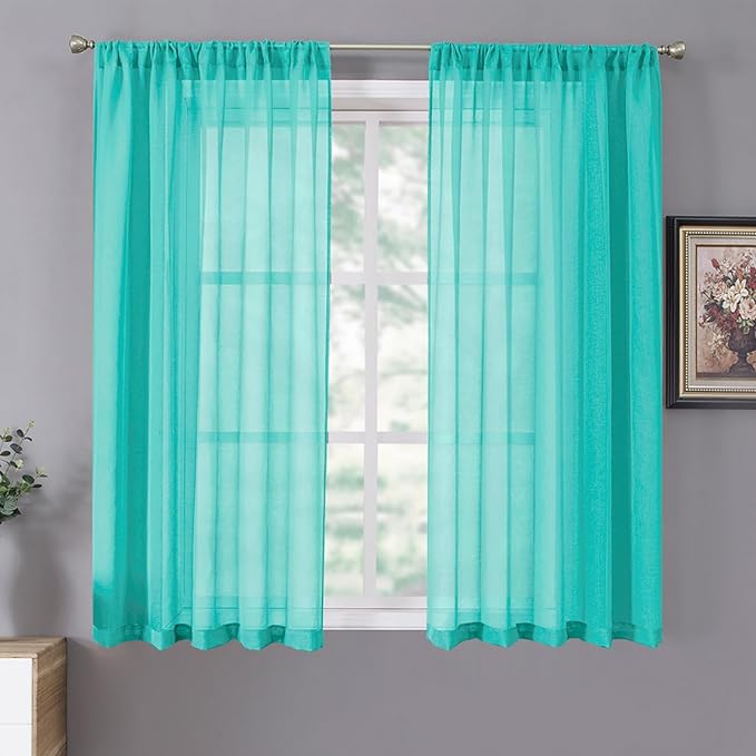 Tollpiz Short Sheer Curtain Linen Textured Living Room Curtains Sheer Light Filtering Rod Pocket Voile Curtain for Bedroom, 42 x 54 inches Long, Aqua Blue, Set of 2 Panels