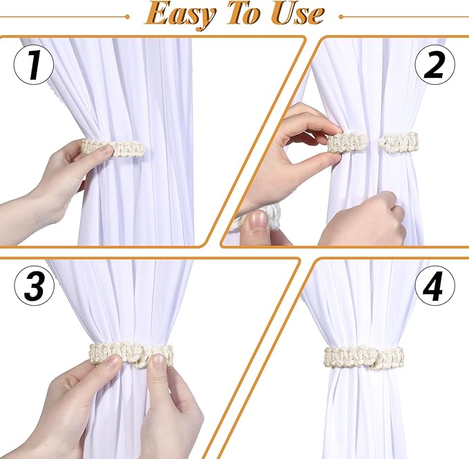 Ptwola 1 Pack Braided Curtain Tiebacks Boho Elegant Rustic Curtain Holdbacks Tie Backs Holders Set Simple Light Weight Drapes Decorative Accessories Handmade for Home Office Bedroom Window (2, White)