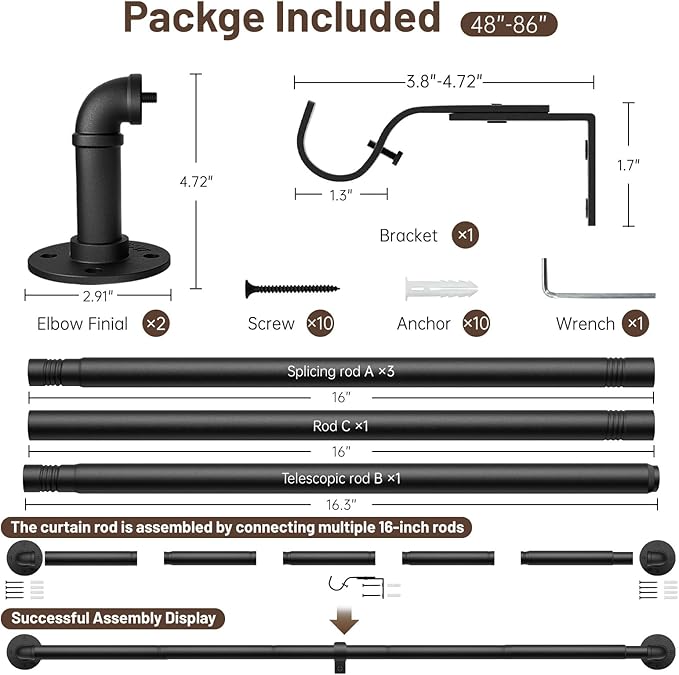 Zeerobee Curtain Rods for Windows 48 to 84, 1 Inch Industrial Wrap Around Black Curtain Rod, Indoor/Outdoor Room Divider Adjustable Drapery Pole, 48"-86"