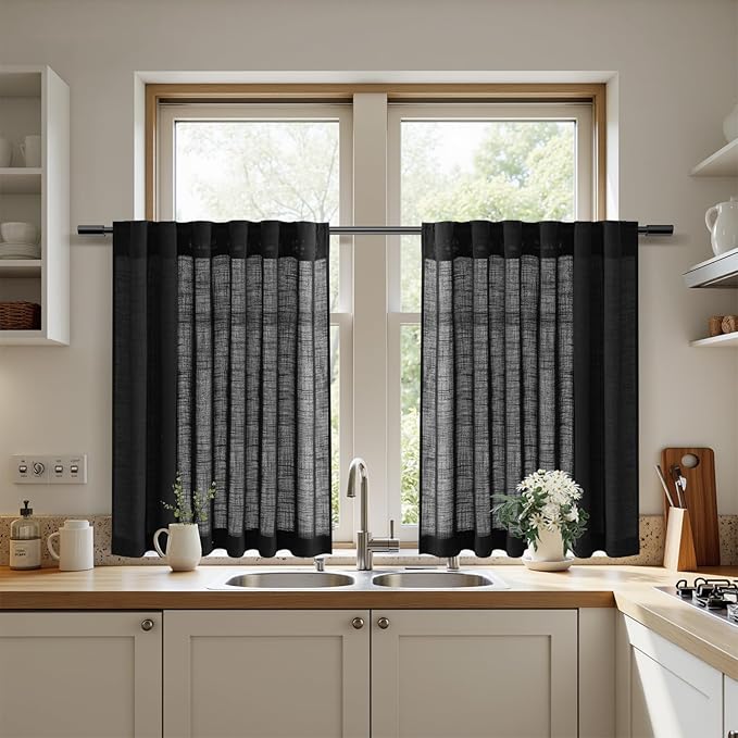 Nanspring Short Linen Curtains 36 Inch Length for Kitchen Windows Over Sink Black Privacy Back Tab and Rod Pocket Modern Neutral Curtains for Cafe Basement 30 x 36 Inch,2 Panels